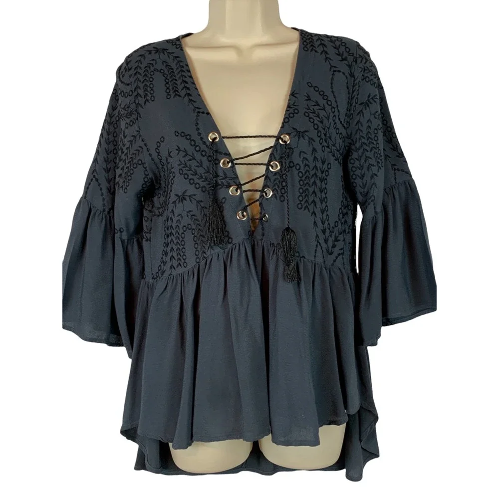 Flowers Of Romance Womens Blouse Black Bell Sleeve V Neck Tassel Embroidered XS - Picture 4 of 9